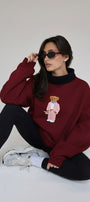 Kadın Oversize Sweatshirt Pink Suit Bear 3D Baskılı Bordo – Bisiklet Yaka, 3 İplik Şardonlu Polar