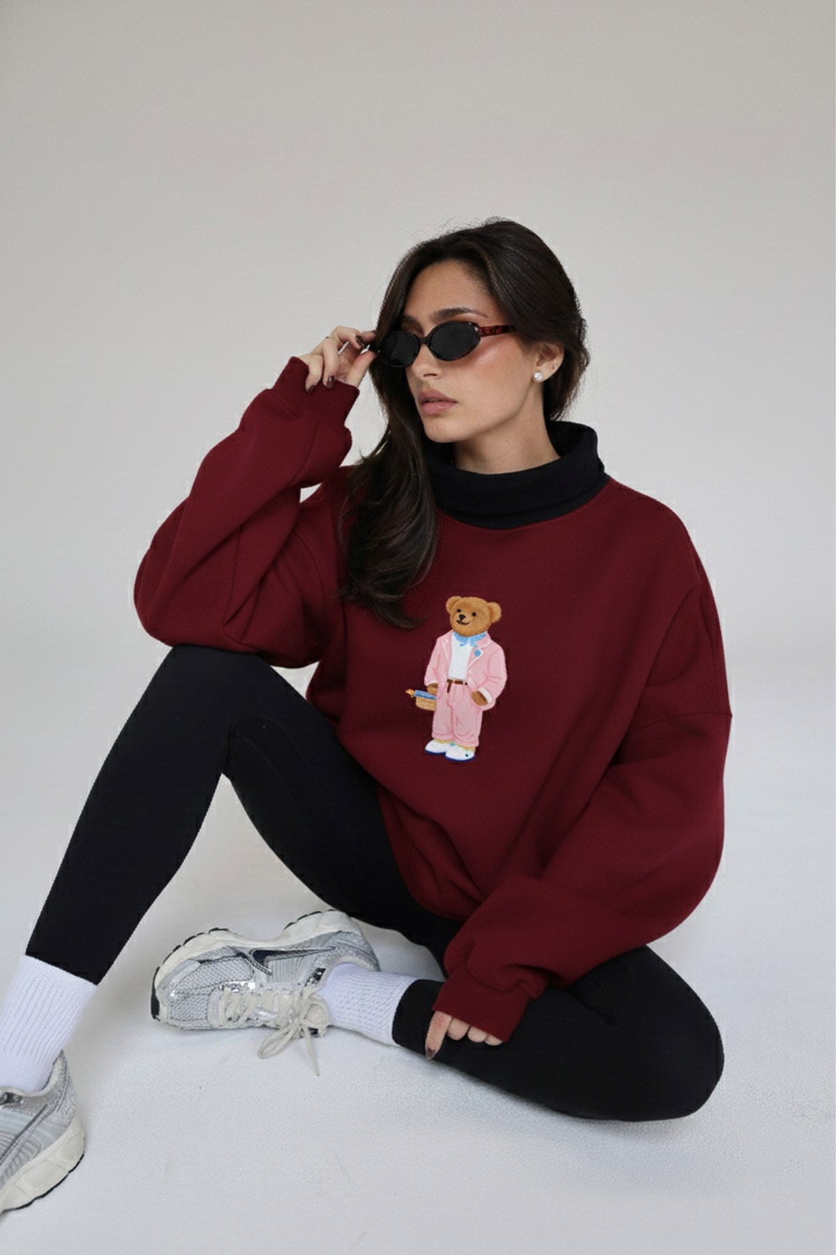 Kadın Oversize Sweatshirt Pink Suit Bear 3D Baskılı Bordo – Bisiklet Yaka, 3 İplik Şardonlu Polar
