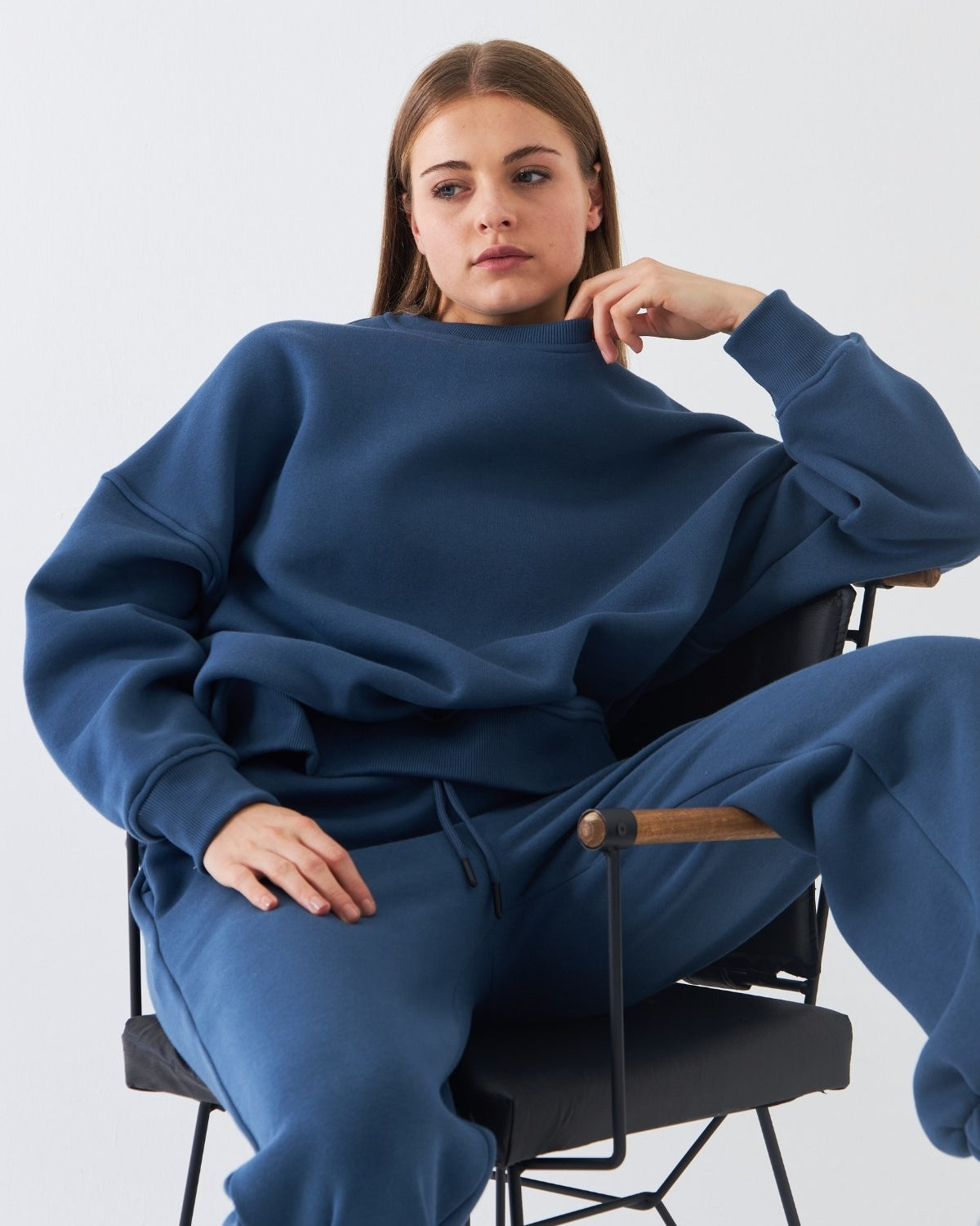 Unisex Oversize Sweatshirt Basic Marine – Bisiklet Yaka, 3 İplik Şardonlu Polar