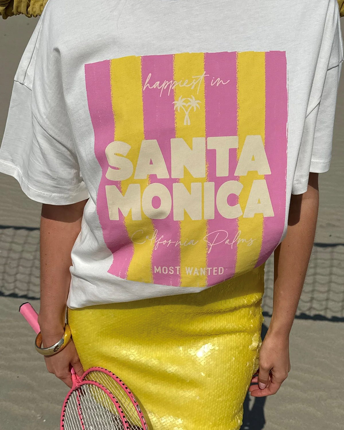 Kadın Oversize Tişört Santa Monica Baskılı Beyaz – Bisiklet Yaka, %100 Pamuk Compact Süprem 24/1