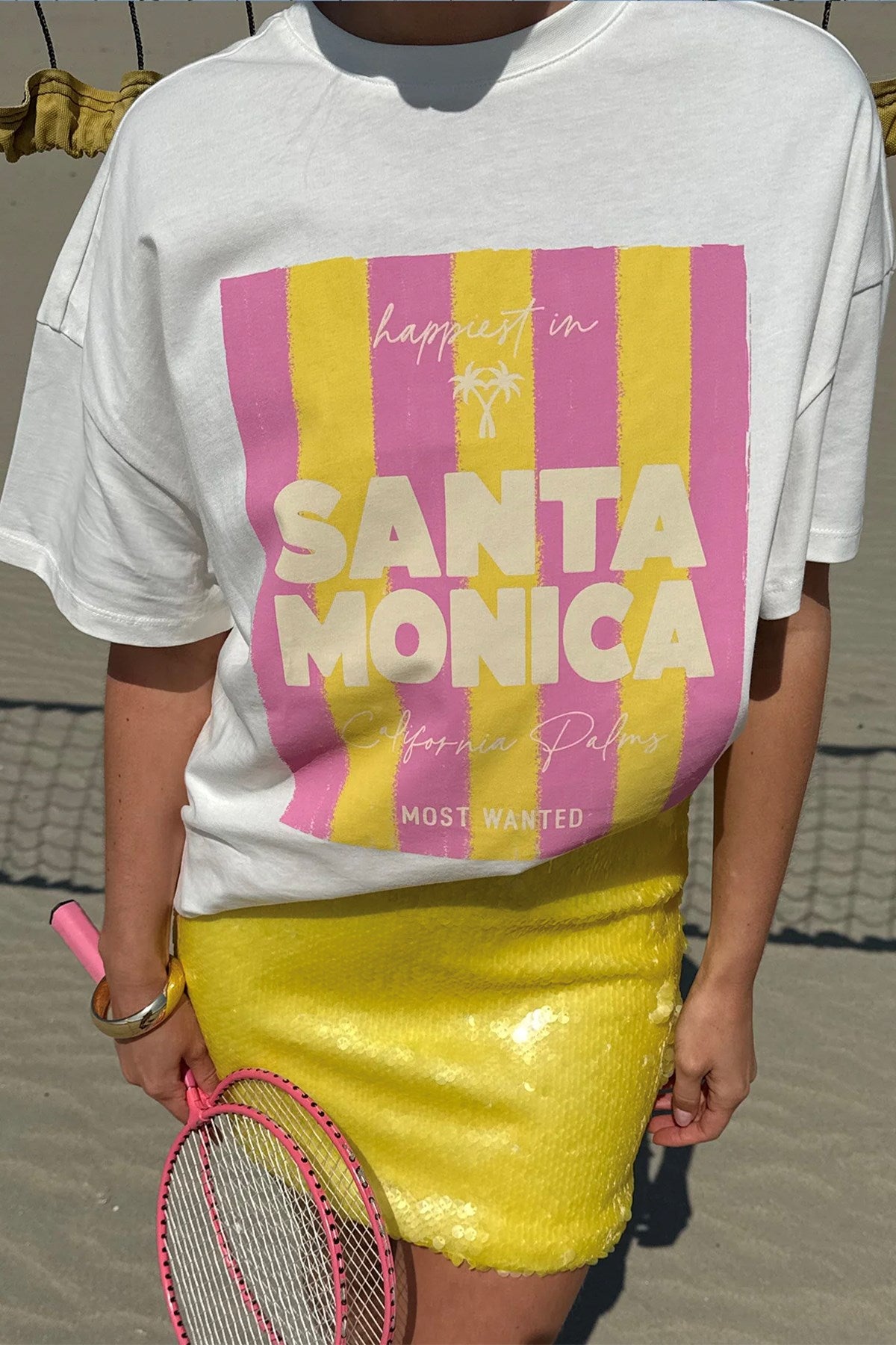Kadın Oversize Tişört Santa Monica Baskılı Beyaz – Bisiklet Yaka, %100 Pamuk Compact Süprem 24/1