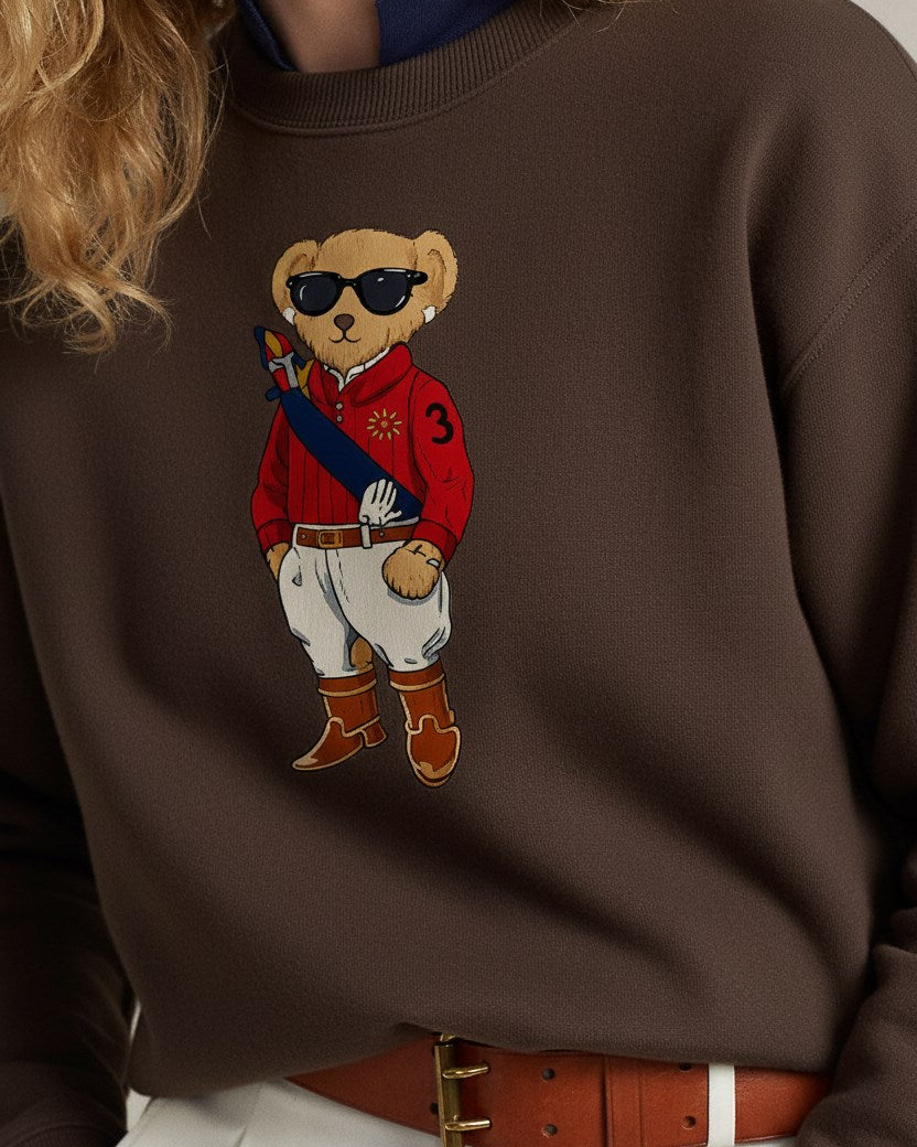 Kadın Oversize Sweatshirt Regatta Bear Baskılı Kahverengi – Bisiklet Yaka, 3 İplik Şardonlu