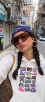 Kadın Oversize Hoodie Sweatshirt 90s Pop Patch Baskılı Beyaz – Kapüşonlu, Kanguru Cepli, 3 İplik