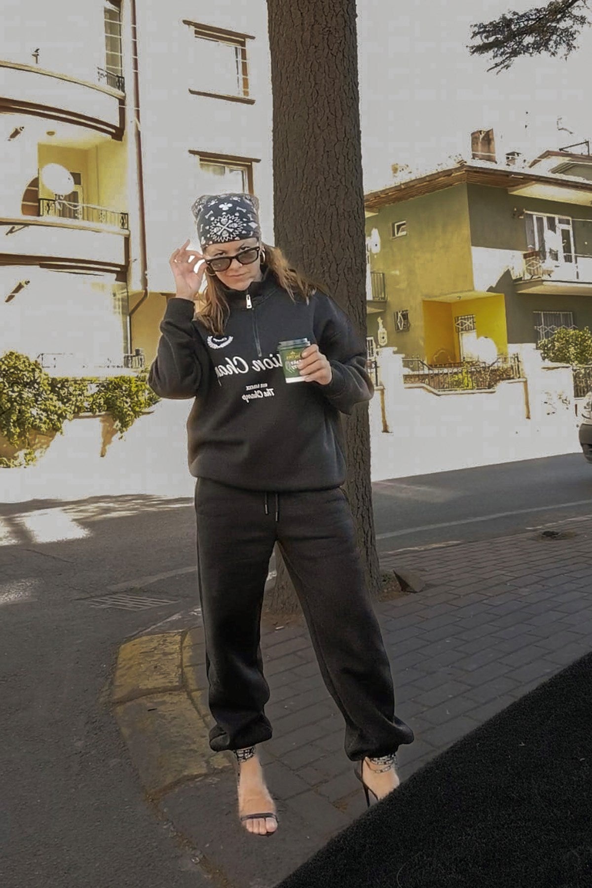 Unisex Oversize Ullusion Champ Baskılı Eşofman Takımı Siyah – Lastikli Bel ve Paça, Yarım Fermuar