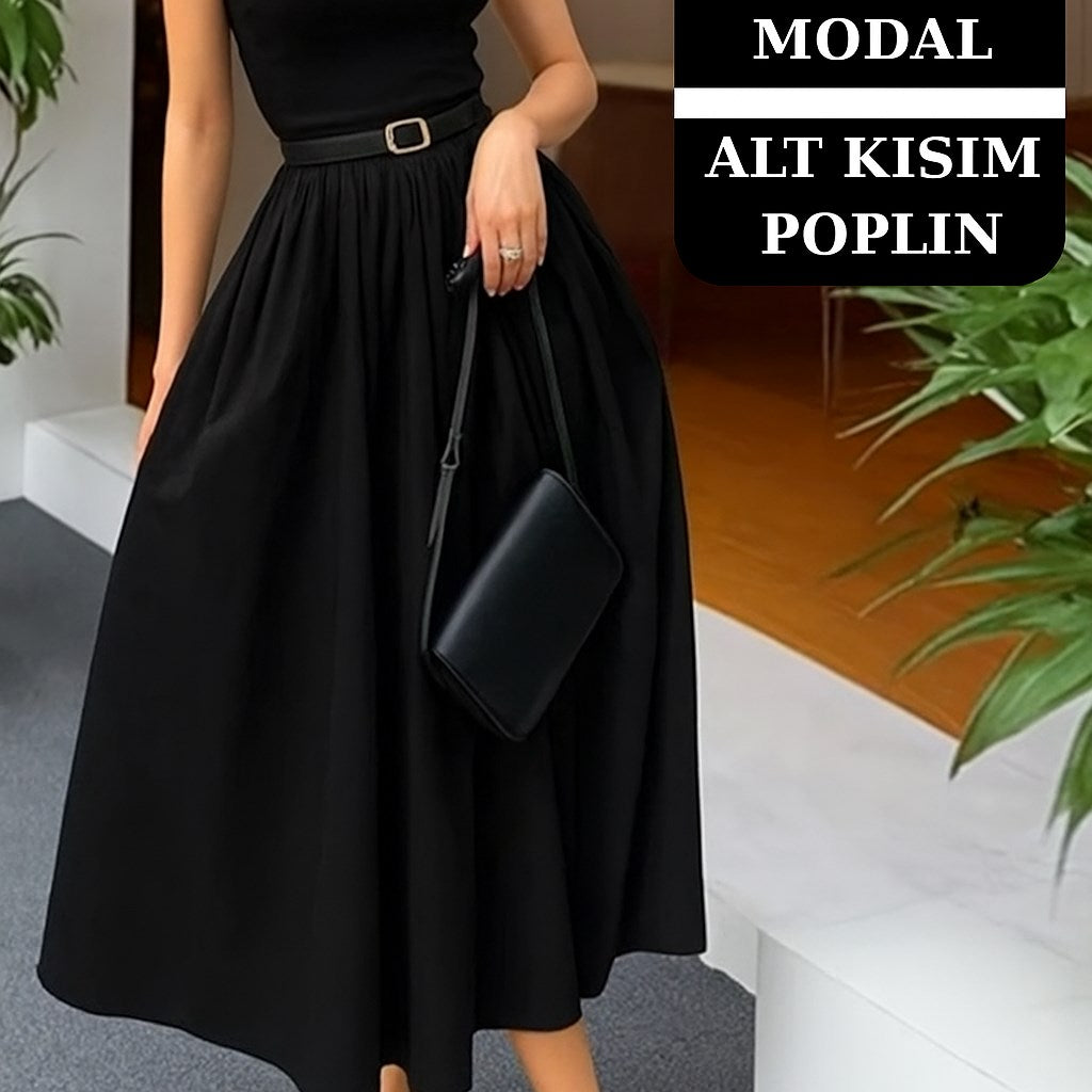  Kadın Modal Üstlü Elbise, Poplin Etek Detaylı – Günlük ve Özel Gün Kombinlerine Uygun