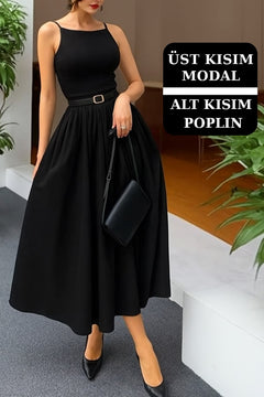 Kadın Modal Üstlü Elbise, Poplin Etek Detaylı – Günlük ve Özel Gün Kombinlerine Uygun