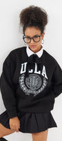 Ucla Yazı Baskılı Bisiklet Yaka İçi Polar Oversize Kesim Unisex Siyah Sweatshirt