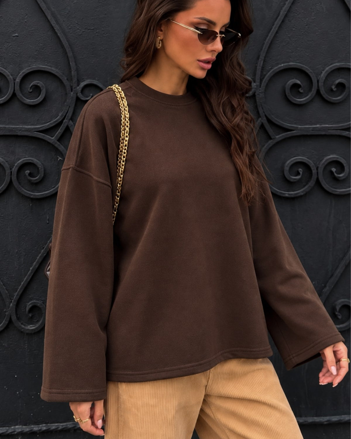 Kadın Relaxed Fit Sweatshirt Basic Kahverengi – Bisiklet Yaka, 3 İplik Şardonsuz, Düşük Omuz