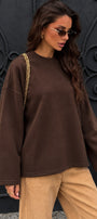 Kadın Relaxed Fit Sweatshirt Basic Kahverengi – Bisiklet Yaka, 3 İplik Şardonsuz, Düşük Omuz