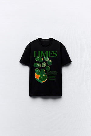 Limes Yazılı Limon Tasarım Baskılı Siyah Kadın T-shirt