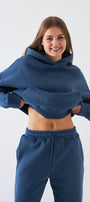  Oversize Unisex Sweatshirt Hoodie Marine – Kapüşonlu, 3 İplik Şardonlu Polar, Kanguru Cepli, Basic