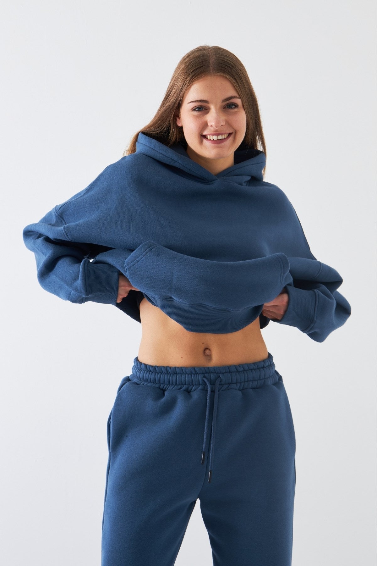  Oversize Unisex Sweatshirt Hoodie Marine – Kapüşonlu, 3 İplik Şardonlu Polar, Kanguru Cepli, Basic