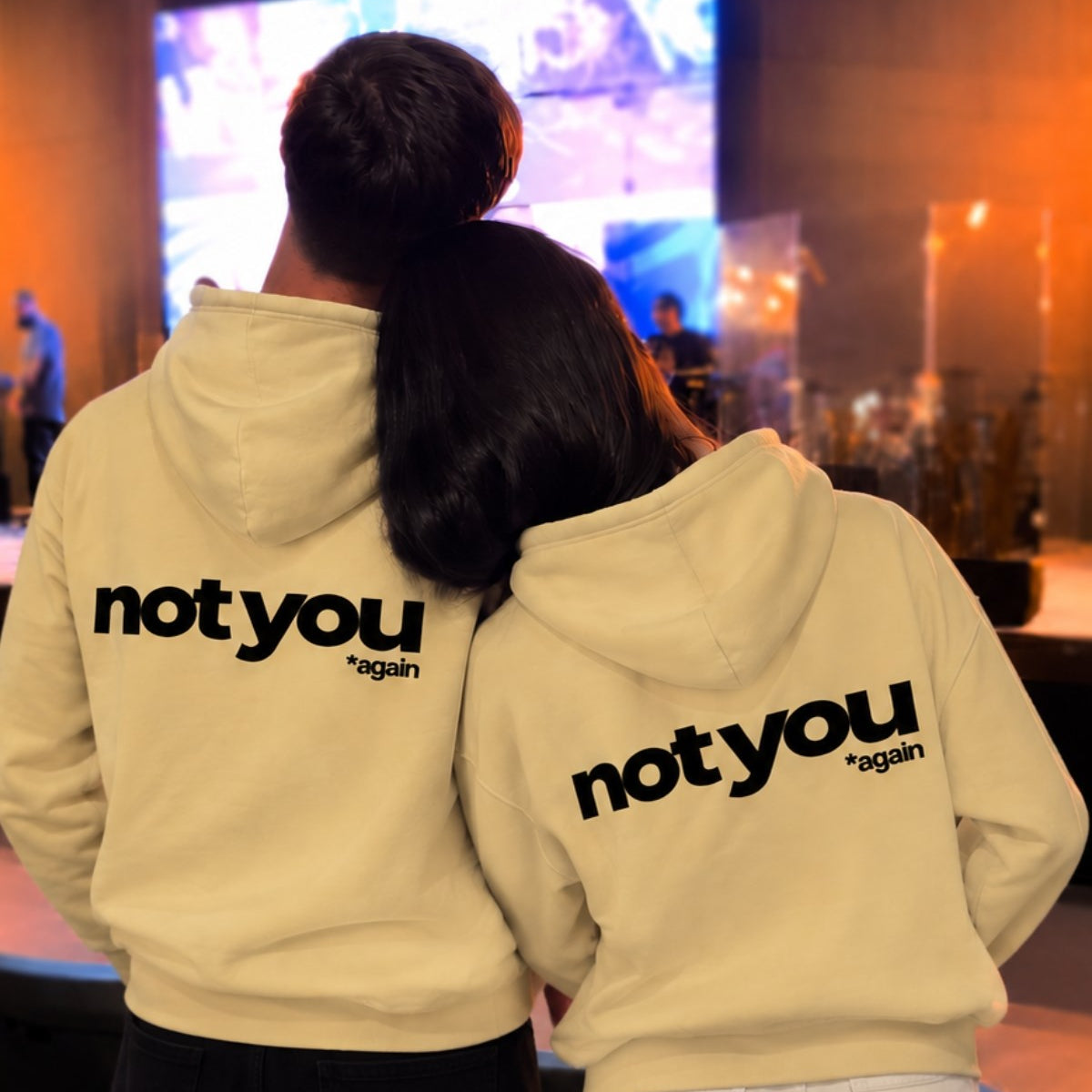 Unisex Oversize Hoodie Not You Again Baskılı Sarı – Kapüşonlu, Kanguru Cepli, 3 İplik Şardonlu 