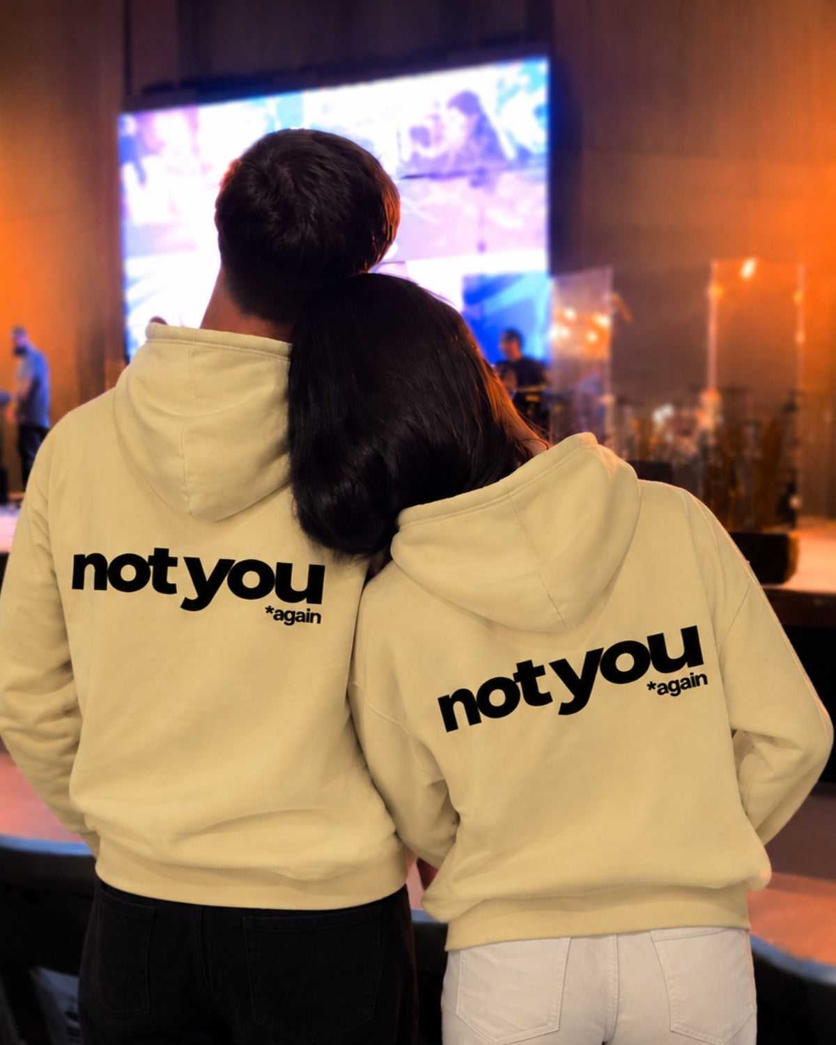 Unisex Oversize Hoodie Not You Again Baskılı Sarı – Kapüşonlu, Kanguru Cepli, 3 İplik Şardonlu 