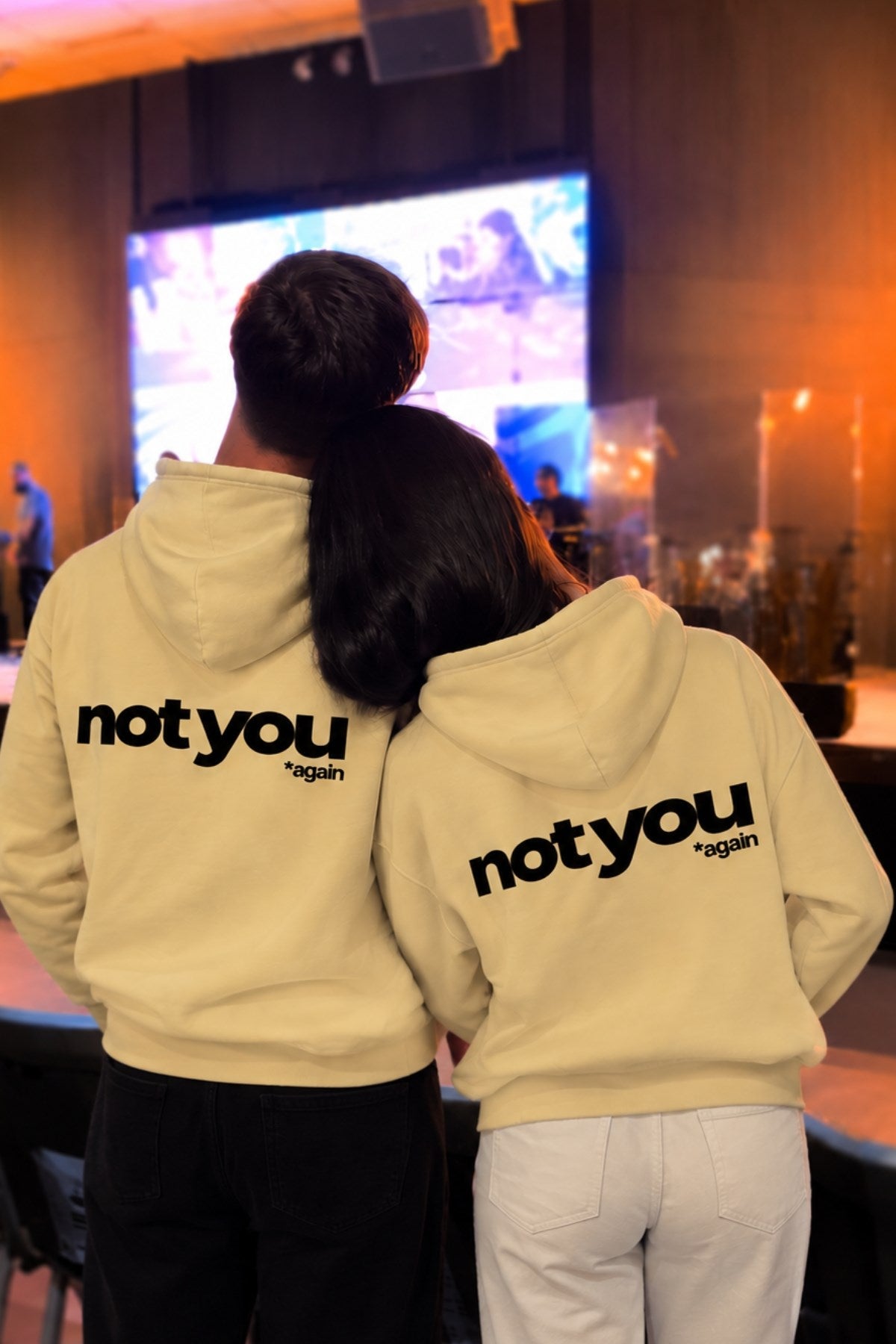 Unisex Oversize Hoodie Not You Again Baskılı Sarı – Kapüşonlu, Kanguru Cepli, 3 İplik Şardonlu 