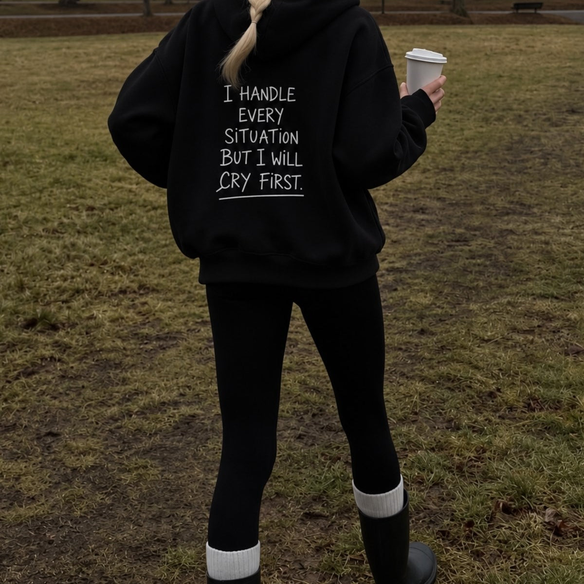 Kadın Oversize Hoodie Cry First Baskılı Siyah – Kapüşonlu, Kanguru Cepli, 3 İplik Şardonlu Polar