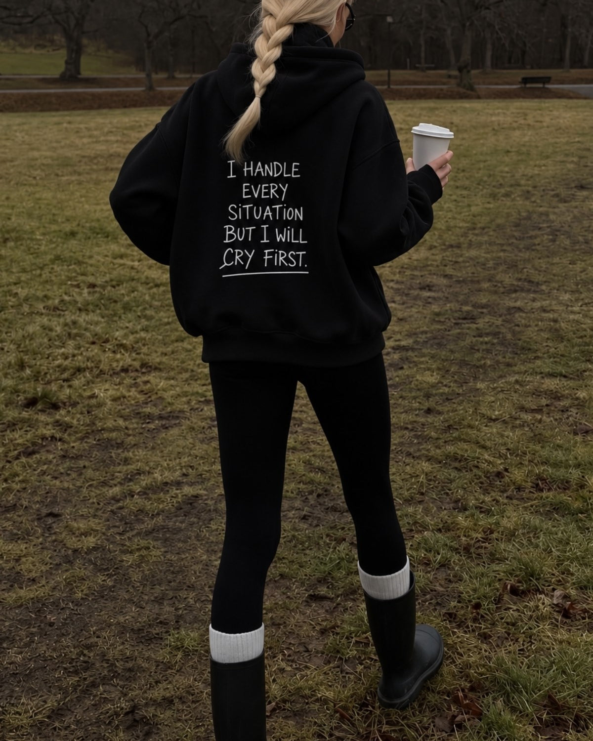 Kadın Oversize Hoodie Cry First Baskılı Siyah – Kapüşonlu, Kanguru Cepli, 3 İplik Şardonlu Polar