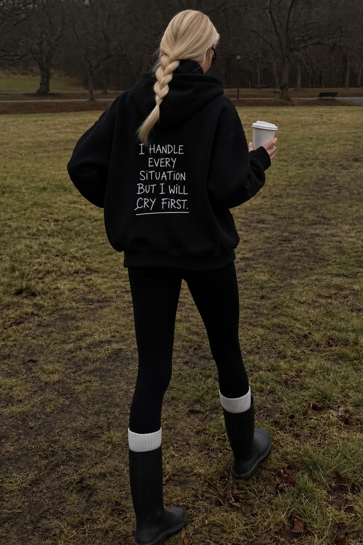 Kadın Oversize Hoodie Cry First Baskılı Siyah – Kapüşonlu, Kanguru Cepli, 3 İplik Şardonlu Polar