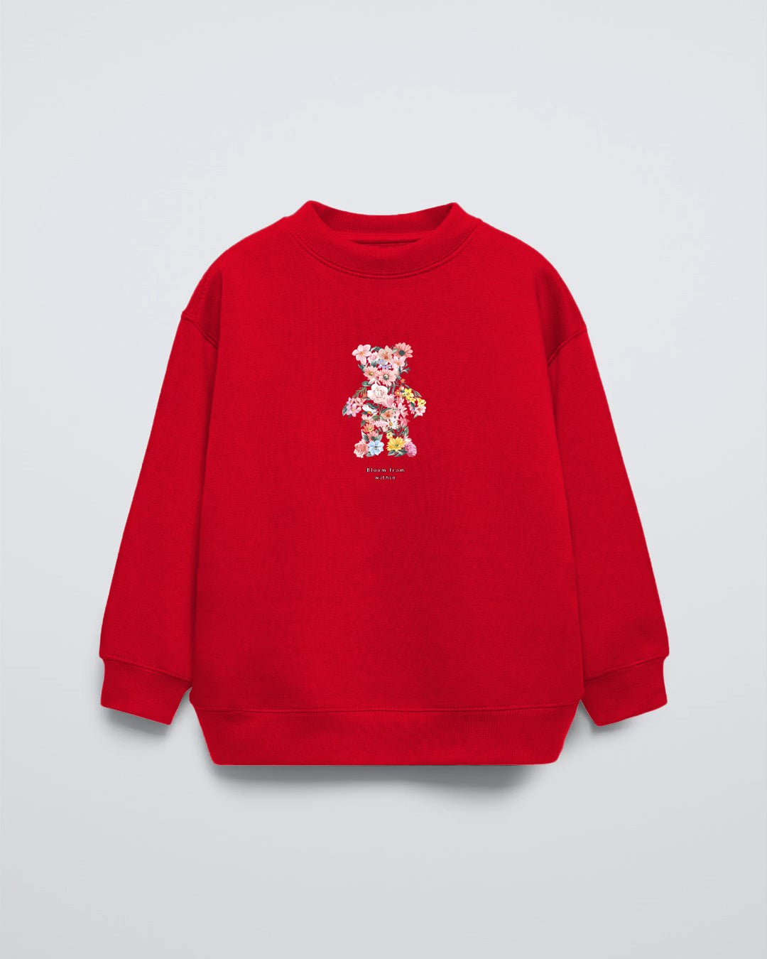 Kırmızı Çocuk Çiçekli Ayıcık Baskılı Bisiklet Yaka Oversize Sweatshirt