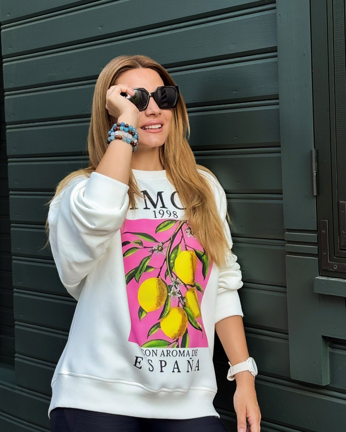 Oversize Kadın Sweatshirt Espana Limon Baskılı Beyaz – Bisiklet Yaka, 3 İplik Polar, Rahat Kalıp