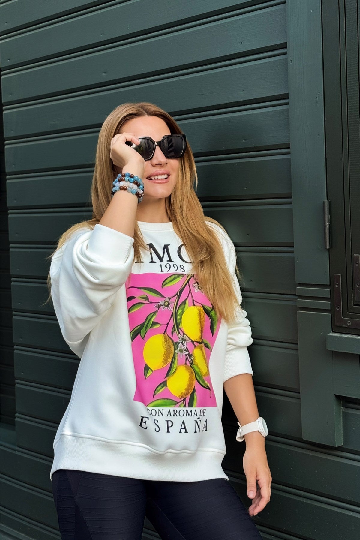 Oversize Kadın Sweatshirt Espana Limon Baskılı Beyaz – Bisiklet Yaka, 3 İplik Polar, Rahat Kalıp