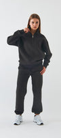 Unisex Oversize Sweatshirt Basic Füme – Yarım Fermuar Dik Yaka, 3 İplik Şardonlu Polar