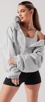Kadın Gri Oversize Fermuarlı Kapüşonlu Sweatshirt 3 İplik Şardonlu Kumaş