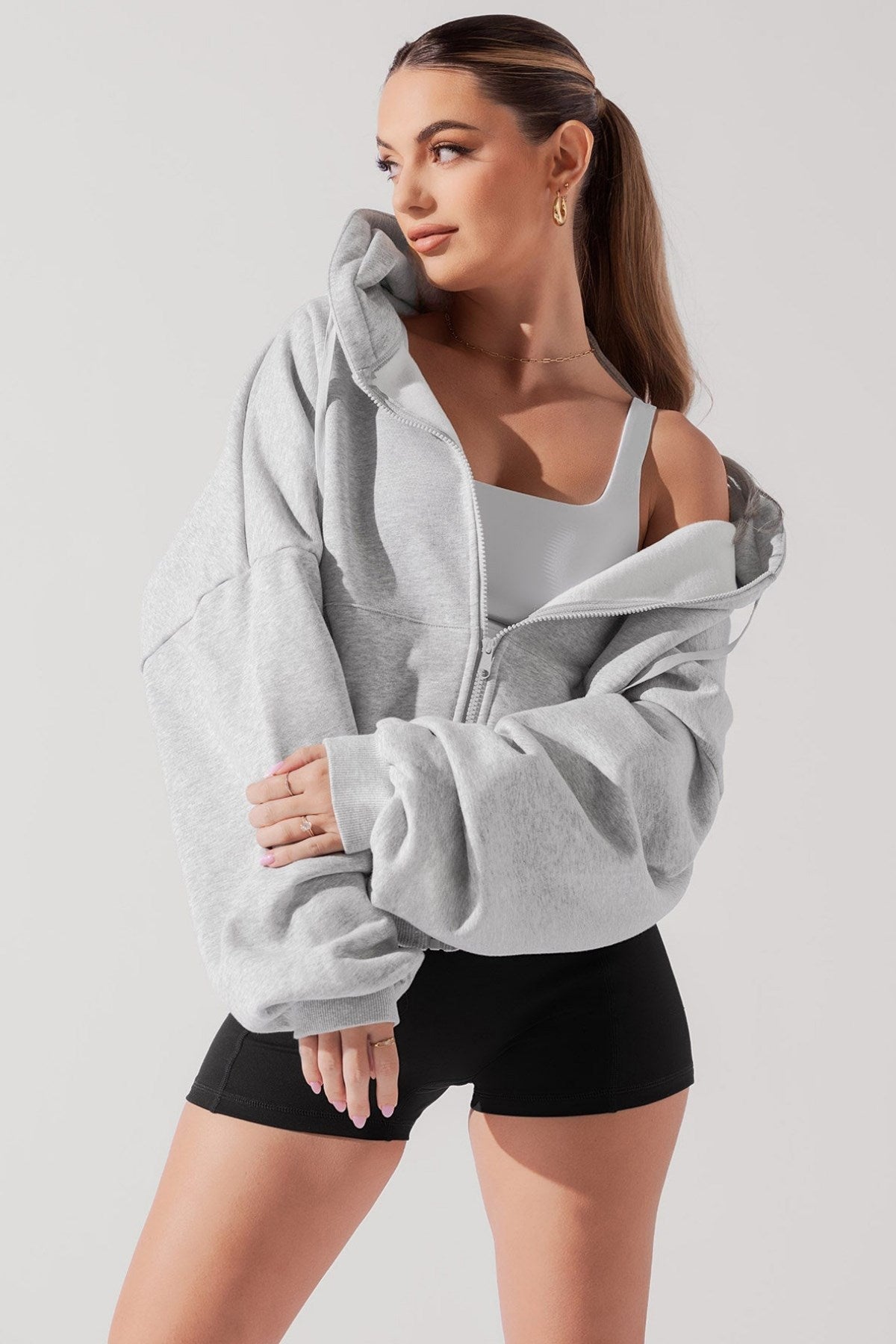 Kadın Gri Oversize Fermuarlı Kapüşonlu Sweatshirt 3 İplik Şardonlu Kumaş