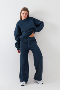 Unisex Oversize Eşofman Takımı Basic Marine – Bisiklet Yaka, Bol Paça, 3 İplik Şardonlu Polar