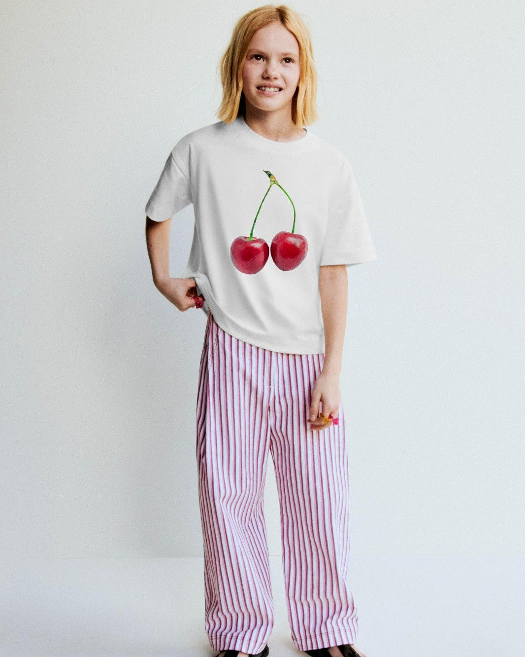 Cherry Kiraz Tasarım Baskılı Beyaz Çocuk T-shirt