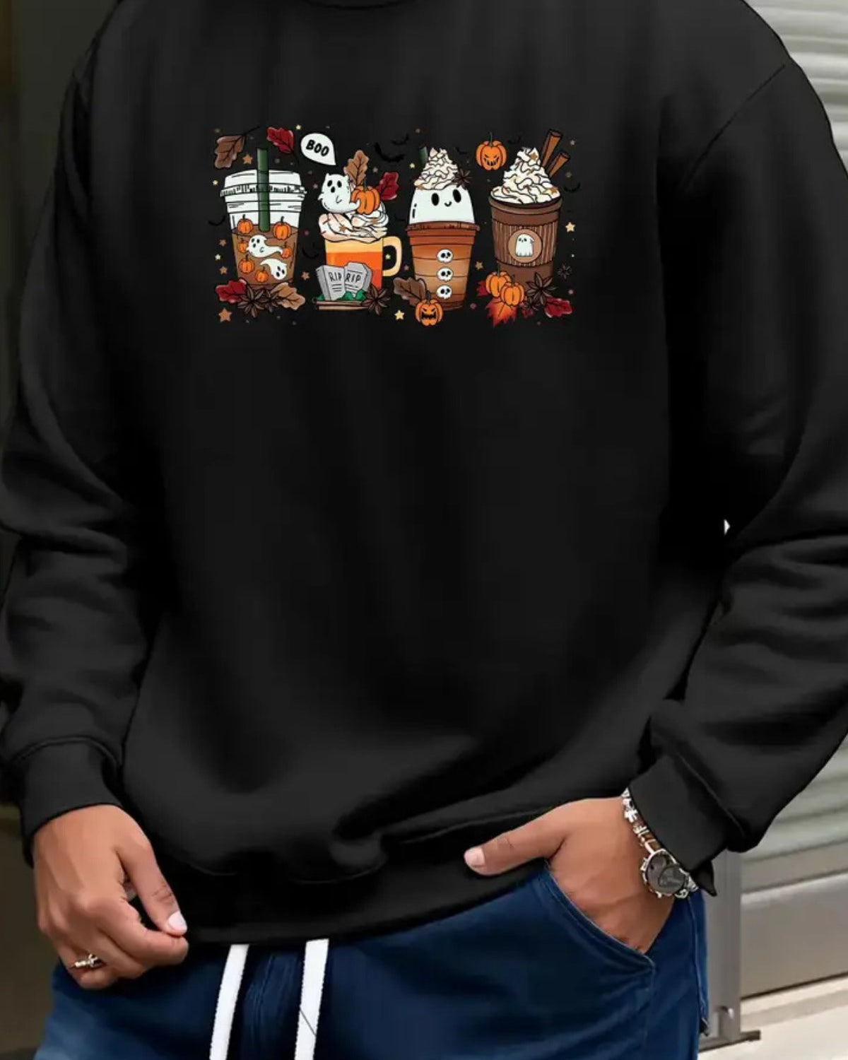 Erkek Oversize Sweatshirt Spooky Latte Baskılı Siyah – Bisiklet Yaka, 3 İplik Şardonlu Polar
