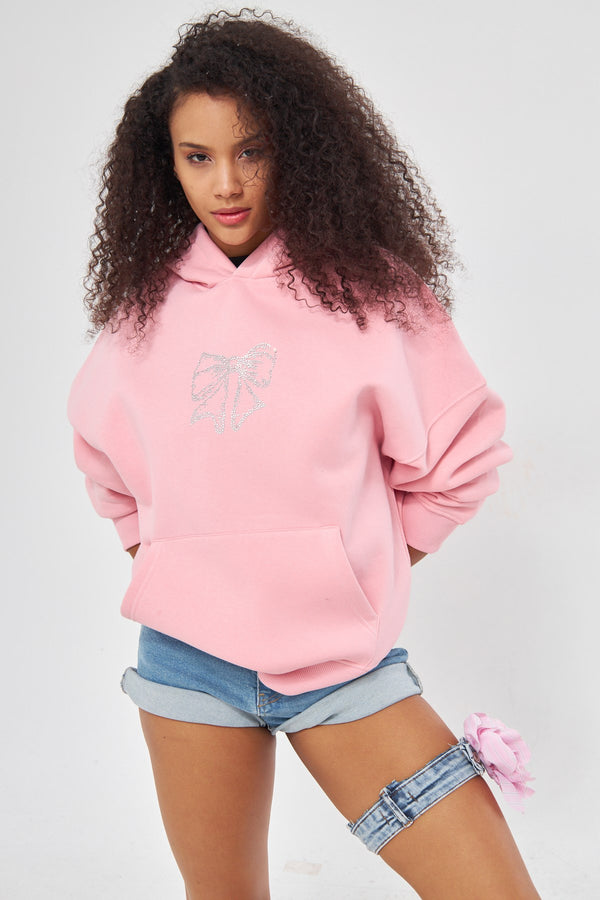 Fiyonk Desen Taş Baskılı Kapüşonlu İçi Polar Oversize Pembe Sweatshirt