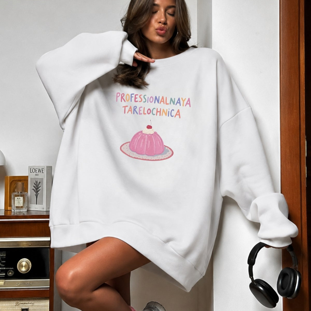 Kadın Oversize Sweatshirt Elbise Sweet Mood Baskılı Beyaz – Bisiklet Yaka, 3 İplik Şardonlu Polar