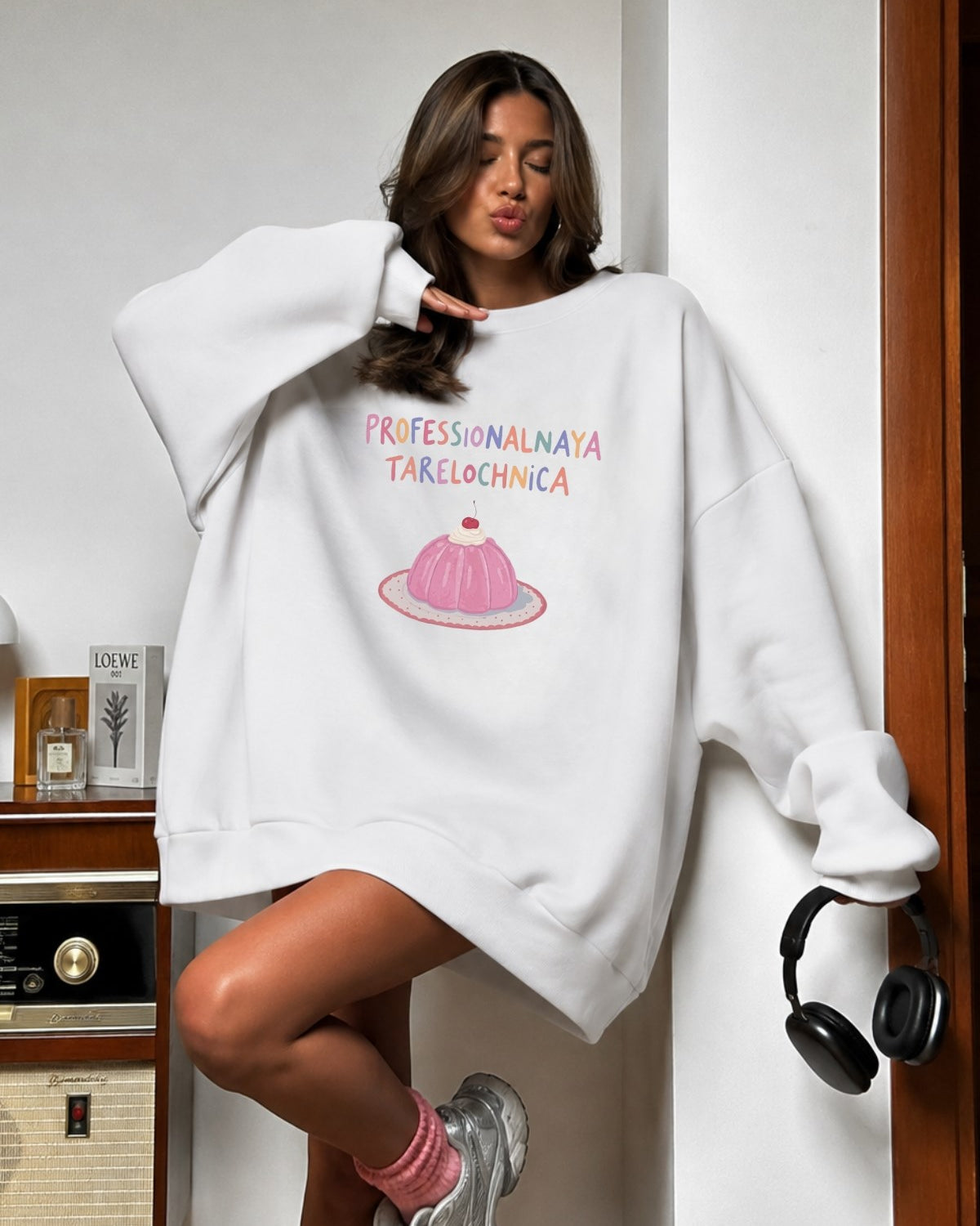 Kadın Oversize Sweatshirt Elbise Sweet Mood Baskılı Beyaz – Bisiklet Yaka, 3 İplik Şardonlu Polar