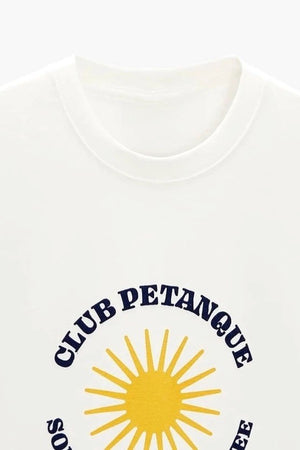 Bisiklet Yaka Club Petanque Baskılı Beyaz Oversize Erkek T-shirt