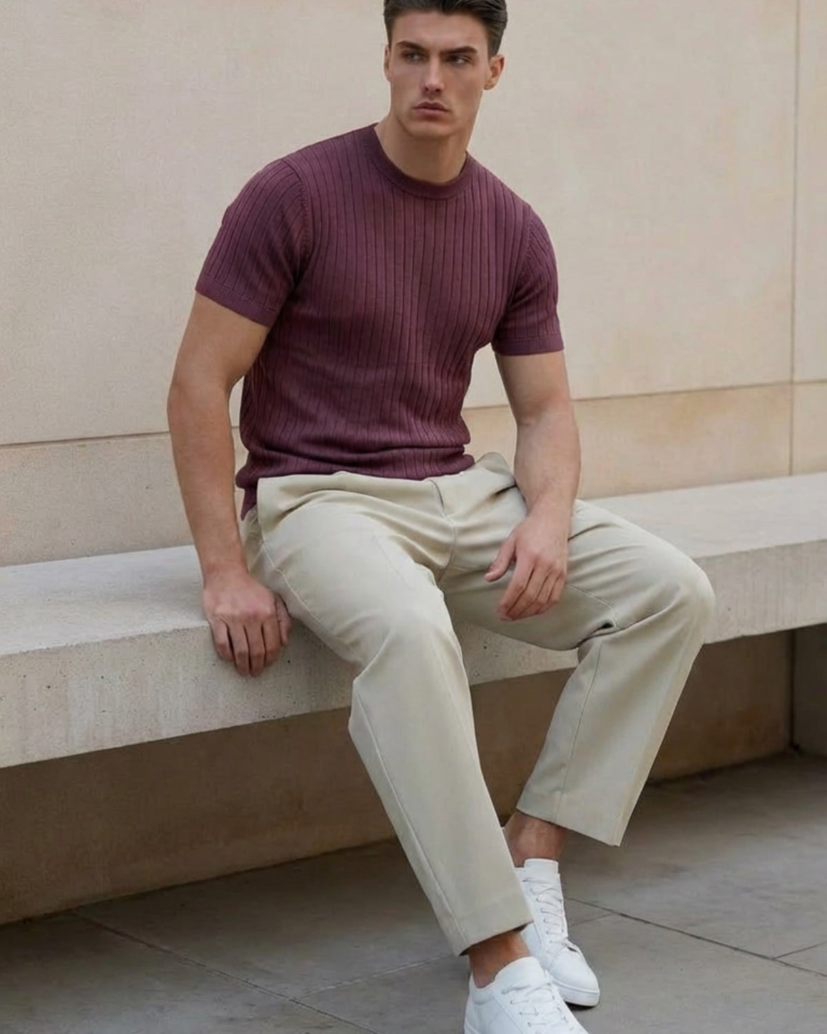 Erkek Dokulu Fitilli Triko Tişört Bordo - Bisiklet Yaka, Fit, Yazlık, Örme