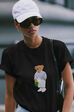 Kadın Oversize Tişört Bambino Bear Baskılı Siyah – Bisiklet Yaka, Rahat Kalıp, %100 Pamuk