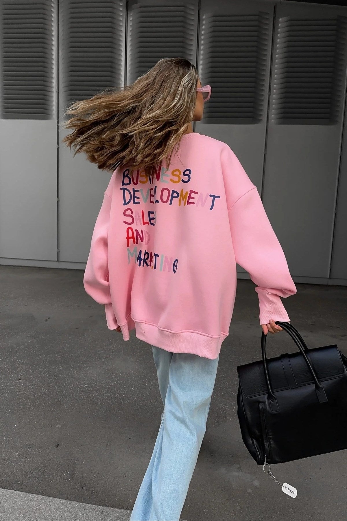 Kadın Oversize Sweatshirt Elbise Color Pop Baskılı Pembe – Bisiklet Yaka, 3 İplik Şardonlu Polar