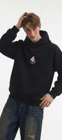 Erkek Oversize Sweatshirt Hoodie Shark Hello Siyah – Kapüşonlu, 3 İplik Polar, Kanguru Cepli