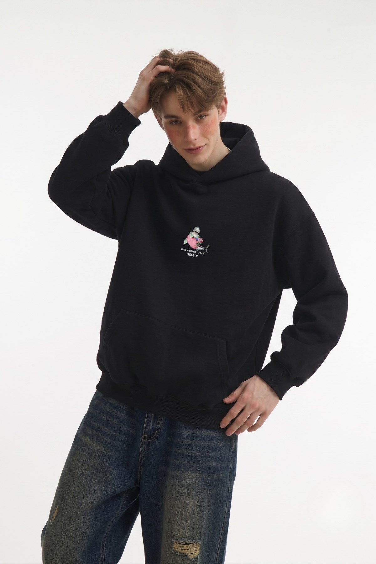 Erkek Oversize Sweatshirt Hoodie Shark Hello Siyah – Kapüşonlu, 3 İplik Polar, Kanguru Cepli