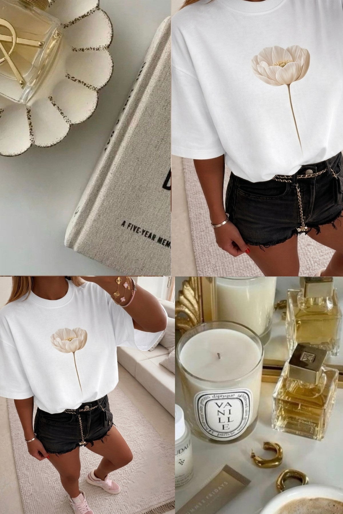 Kadın Oversize Tişört Pure Bloom Baskılı Beyaz – Bisiklet Yaka, Rahat Kalıp, %100 Pamuk