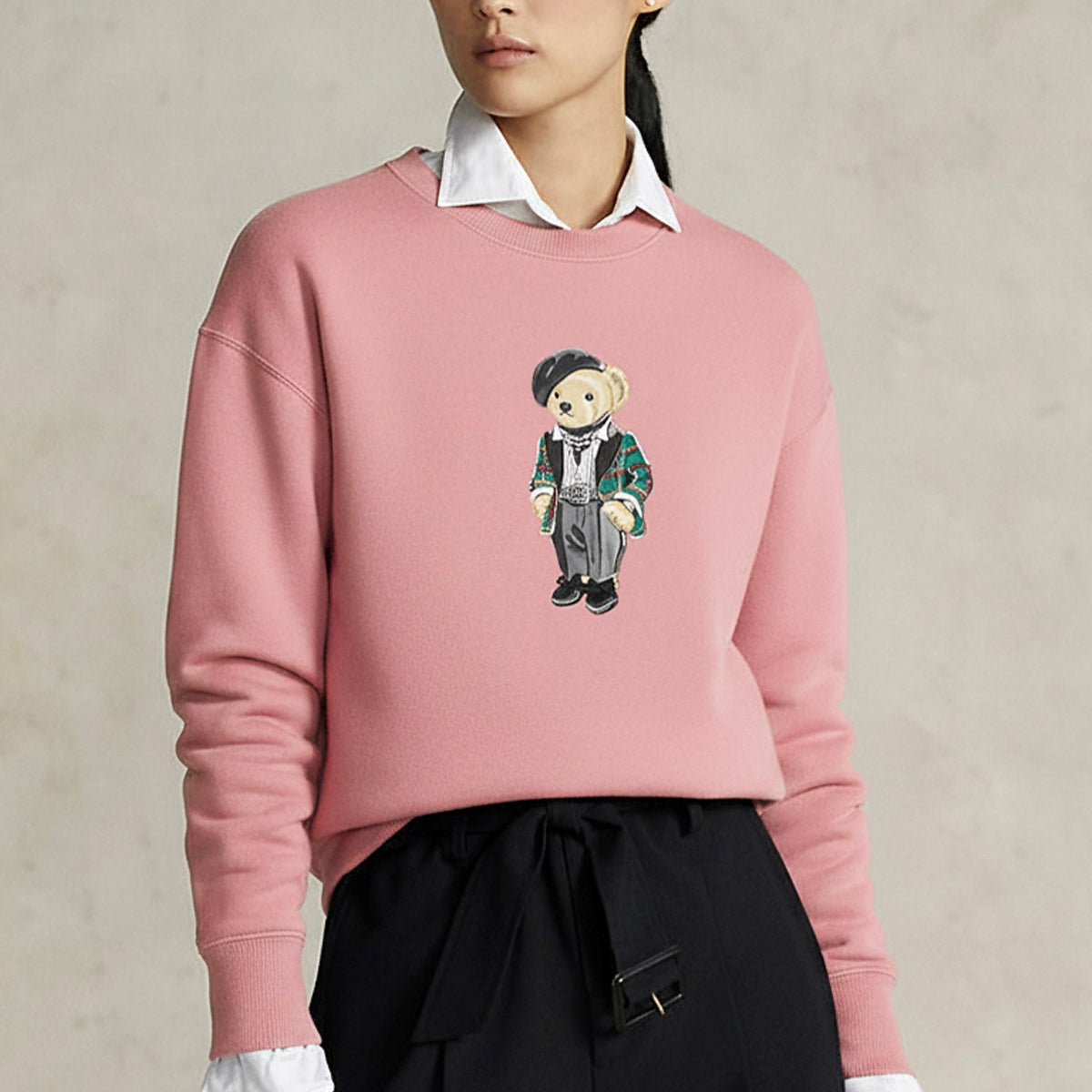 Kadın Oversize Sweatshirt Parisian Bear Baskılı Pembe – Bisiklet Yaka, 3 İplik Şardonlu 