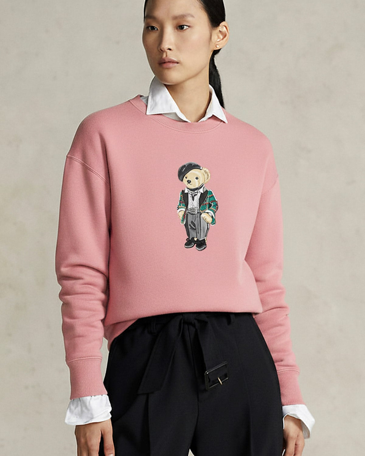 Kadın Oversize Sweatshirt Parisian Bear Baskılı Pembe – Bisiklet Yaka, 3 İplik Şardonlu 