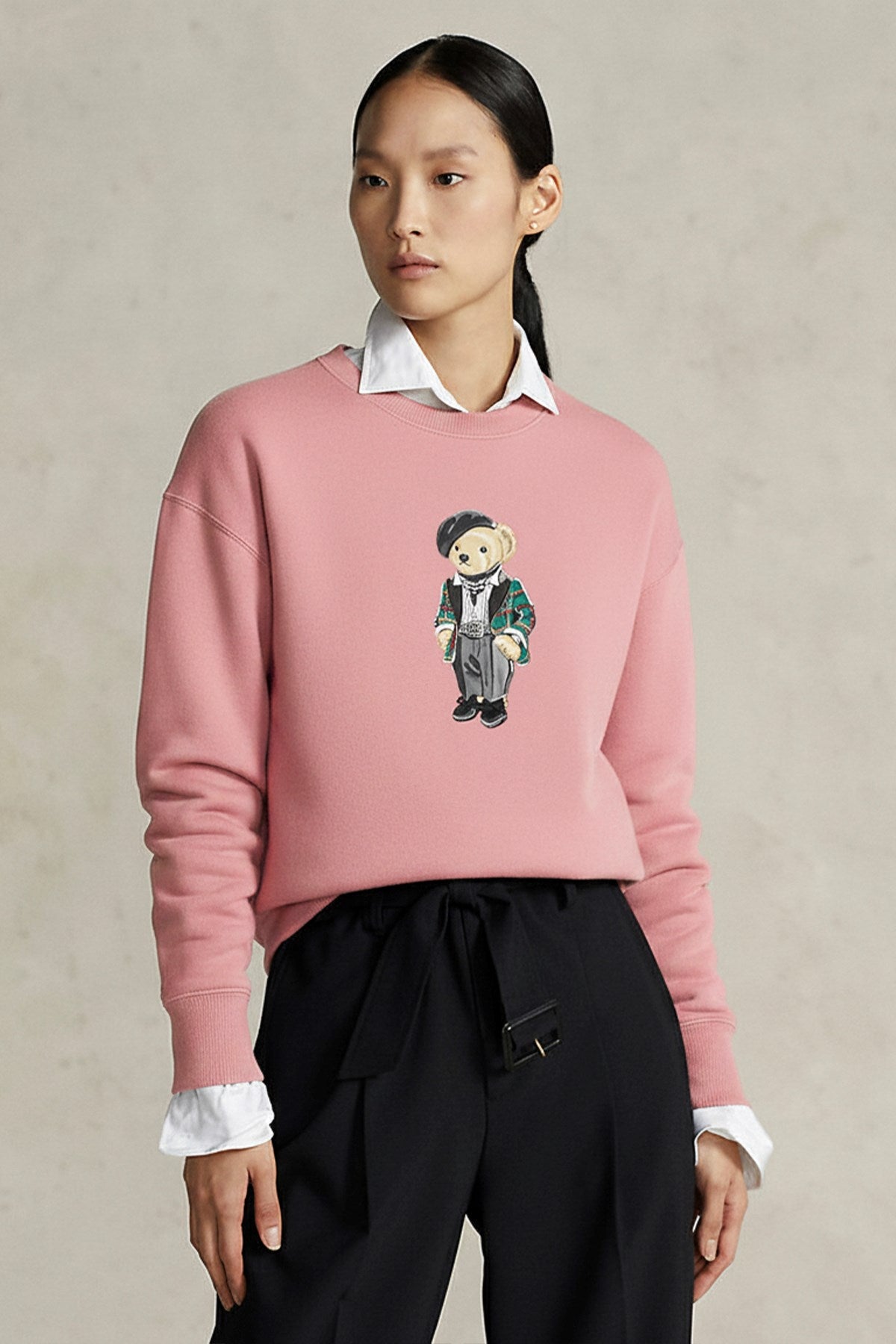 Kadın Oversize Sweatshirt Parisian Bear Baskılı Pembe – Bisiklet Yaka, 3 İplik Şardonlu 