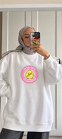 Kadın Oversize Sweatshirt Elbise Dangerous Chick Baskılı Beyaz – Uzun Boy, 3 İplik Şardonlu Polar