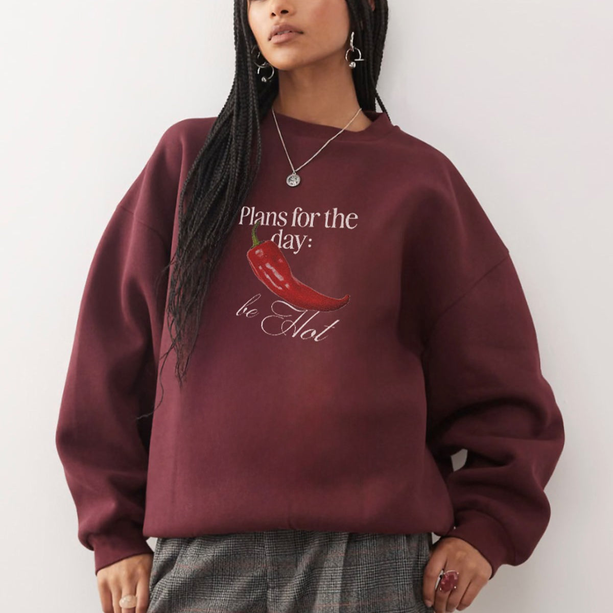 Kadın Oversize Sweatshirt Be Hot Baskılı Bordo – Bisiklet Yaka, 3 İplik Şardonlu Polar