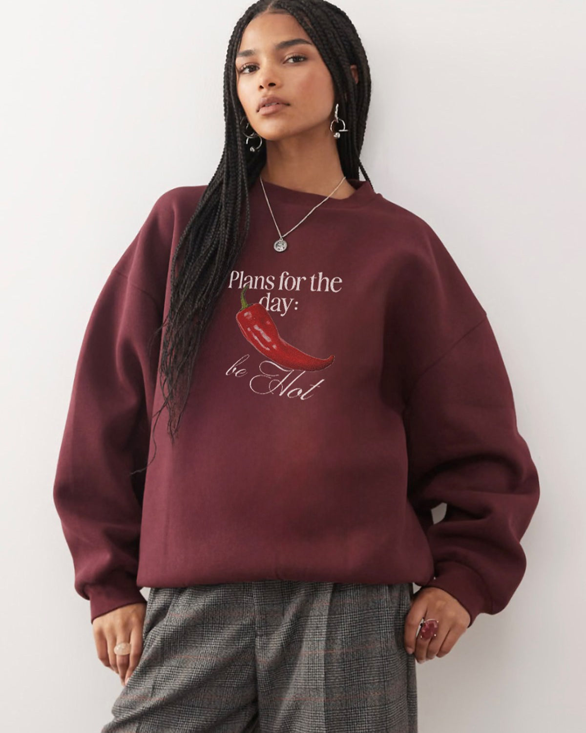 Kadın Oversize Sweatshirt Be Hot Baskılı Bordo – Bisiklet Yaka, 3 İplik Şardonlu Polar