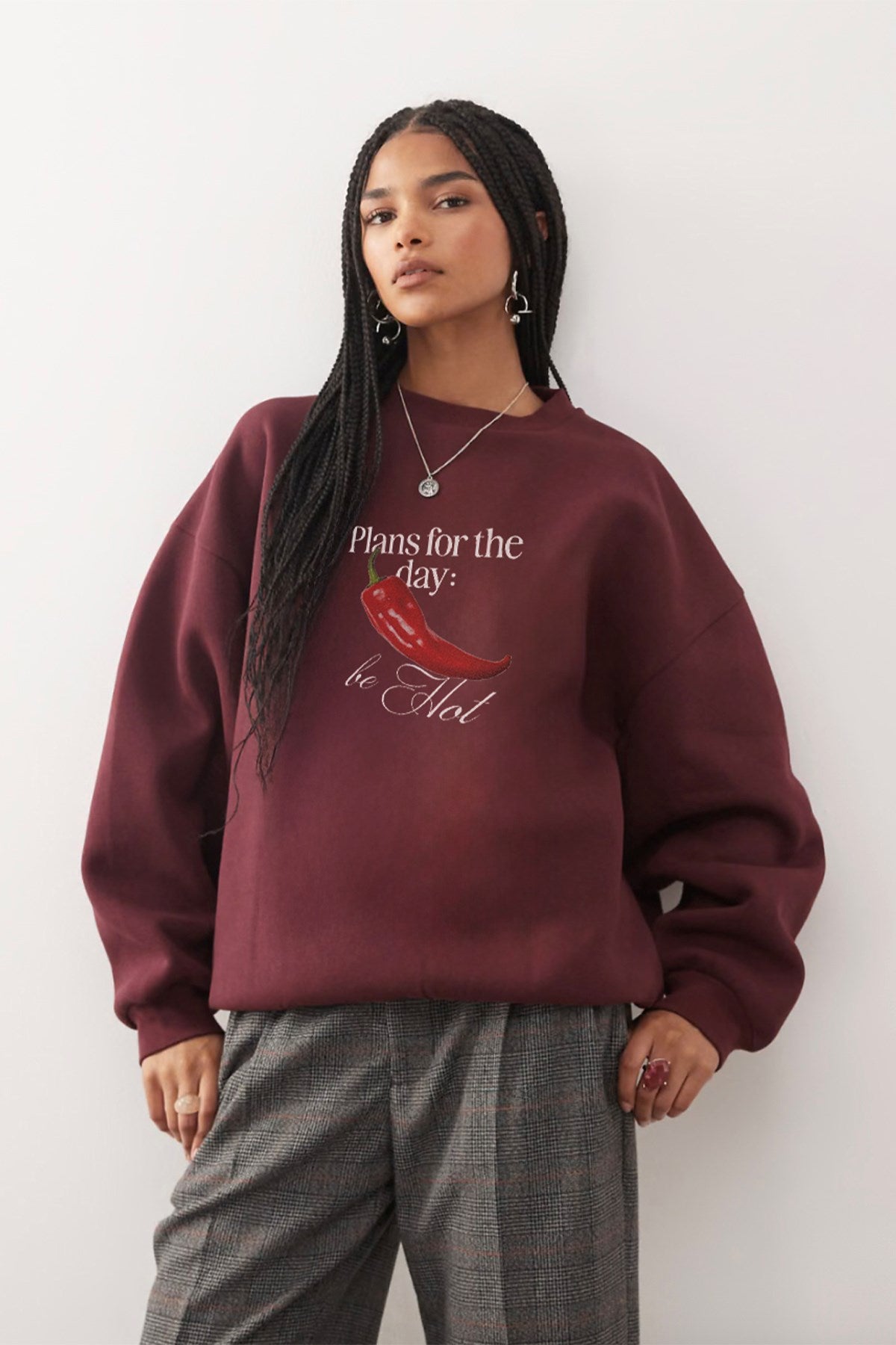 Kadın Oversize Sweatshirt Be Hot Baskılı Bordo – Bisiklet Yaka, 3 İplik Şardonlu Polar