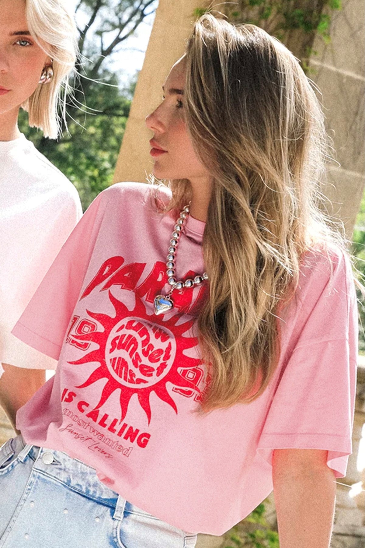 Kadın Oversize Tişört Paradise Calling Baskılı Pembe – Bisiklet Yaka, %100 Pamuk Compact Süprem 24/1