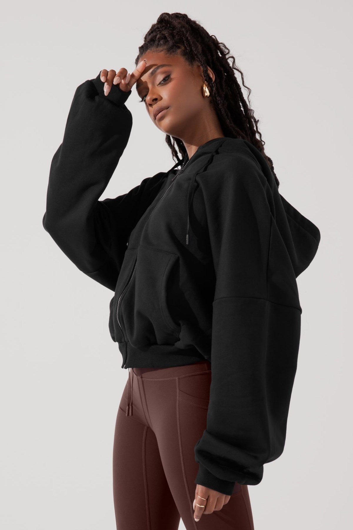 Kadın Siyah Kapüşonlu Ceket Sweatshirt Fermuarlı 3 İplik Şardonlu Oversize Kesim